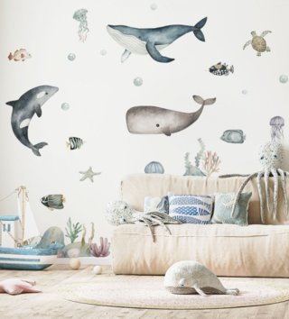 Oceán - Podmorský svet /  Nálepka na stenu Ocean - veľryby, delfín, ryby, korytnačka, rastliny a kamene DK444 