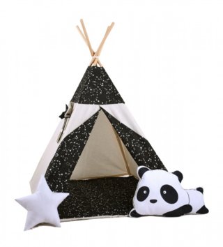 Detské stany, teepee /  Detský teepee stan Nočná obloha + podložka, dekoračné vankúšiky panda 