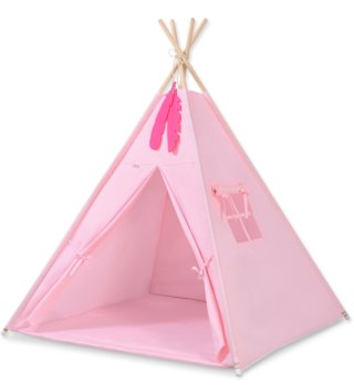 Detské stany, teepee /  Detský teepee stan ružový + podložka, vankúšiky a dekorácia 