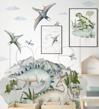 Zvieratá /  Nálepka na stenu Dino - dinosaury, oblaky a vážky DK400 
