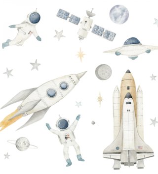 Vesmír /  Nálepka na stenu Space - rakety, astronauti, družica, vesmírna loď, hviezdy a planéty DK412 