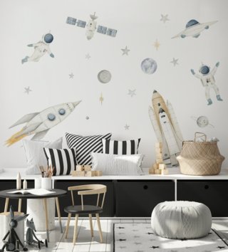 Vesmír /  Nálepka na stenu Space - rakety, astronauti, družica, vesmírna loď, hviezdy a planéty DK412 