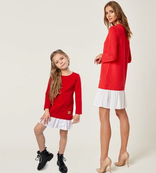 Mama a dcéra /  Set štýlové voľnočasové šaty mama a dcéra Be happy - Červené 